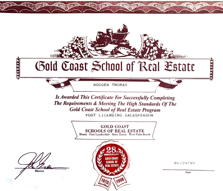 Rodger Thomas Real Estate License from the Gold Coast School of Real Estate